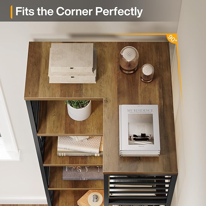 Tribesigns Tall Corner Storage Cabinet, 77.76-Inch Industrial Corner Shelf with Door, 7-Tier Metal Bookshelf Storage Bookcase Display Shelving Unit for Living Room, Rustic Brown