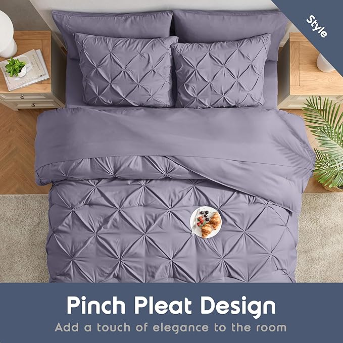 Nestl Queen Comforter Set - 7 Piece Pinch Pleated Comforter Queen Size Grayish Purple, All Season Bed in a Bag with Flat Sheet, Fitted Sheet, Pillowcases and Shams