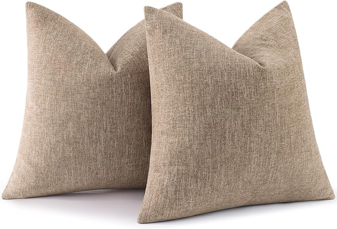 decorUhome Chenille Decorative Throw Pillow Covers 16x16 Set of 2, Farmhouse Textured Square Neutral Solid Accent Pillow Covers for Couch Sofa Bed Living Room Home Decor, Khaki