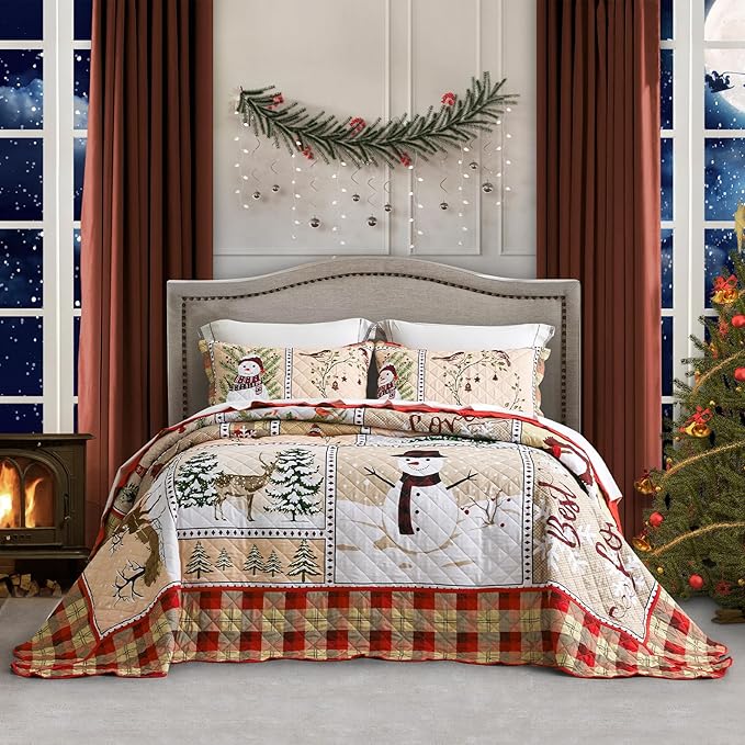 HZ & HY Christmas Oversized Bedspread King Size, Snowman Pattern Bedding Quilt, Rustic Lodge Plaid Patchwork Coverlet Set, Lightweight & Soft Microfiber, 3 Piece