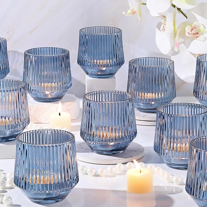 12 Pcs Large Blue Votive Candle Holders- 3.15"×3.15" Ribbed Blue Candle Holders, Blue Tea Lights Candle Holders for Dusty Blue Wedding Decor, Bridal Shower Decorations, Blue Centerpieces for Tables