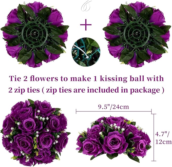 BLOSMON Flower Balls Wedding Rose Centerpieces 6 Pcs Purple Fake Flowers with Base Kissing Balls Decor Artificial Floral Arrangements Flower Bouquet of Roses Home Party Table DIY Decorations