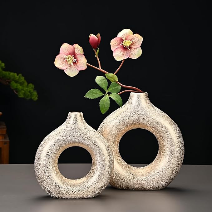 Set of 2 Donut Hollow Ceramic Vase Handmade Minimalist Boho ins Style, Modern Vase for Home Decor for Wedding Dinner Table Party Living Room Office Bedroom (Gold, Large + Small)
