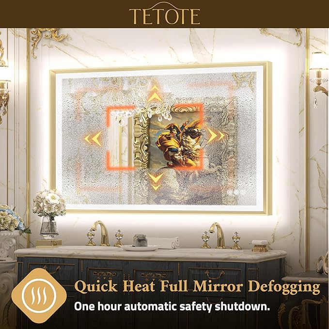 TETOTE Gold Bathroom LED Mirror with Lights 30x36 Frontlit & Backlit Vanity Framed Mirror Baroque Anti Fog Stepless Dimmable White/Warm/Natural,CRI90+,Waterproof,Wall Mounted(Horizontal/Vertical)