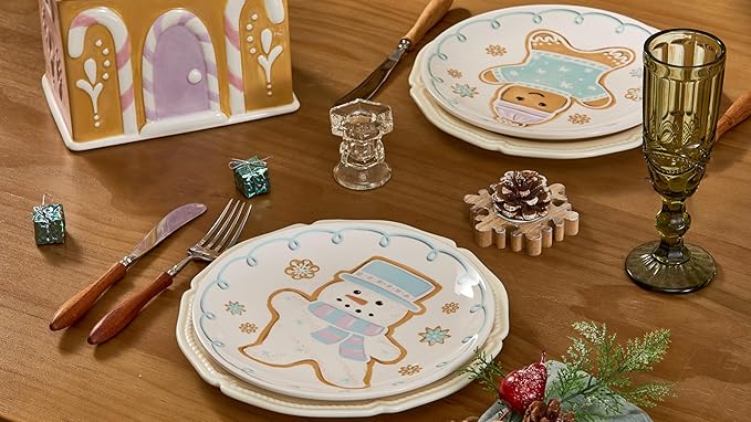 Bico Pastel Gingerbread Man Ceramic 8.75 inch Holiday Salad Plates Set, Set of 4, for salad, appetizer, tapas, Microwave and Dishwasher Safe, Scratch Resistant