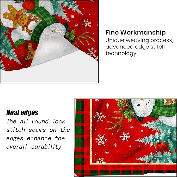 Snowman Christmas Decorative Throw Blanket, Red Green Plaid Border Print Decoration, Soft Flannel Cute Winter Blankets for Couch Sofa, Holiday Home Decor, Rustic Xmas Festival Gifts 40x50 Inch