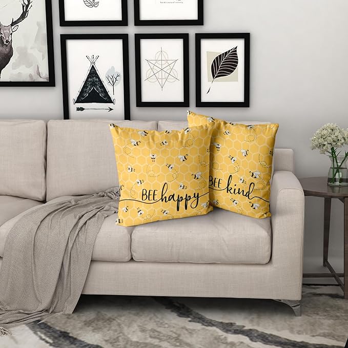 Giwawa Summer Pillow Covers Set of 2-16x16inch Bee Happy Decorative Square Pillowcases - Yellow Honeycomb Farmhouse Throw Cushion Cover for Sofa Couch Indoor Outdoor Living Room