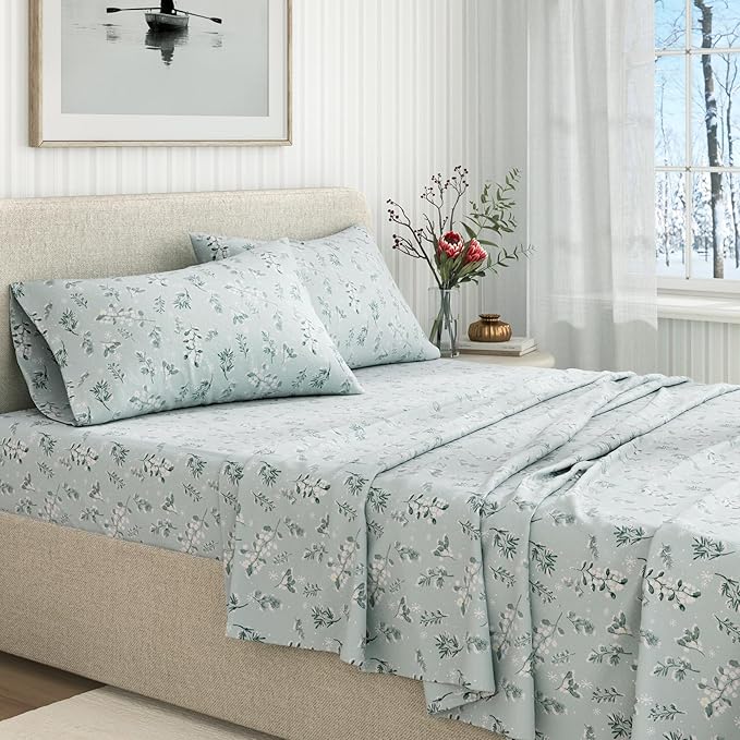 Great Bay Home Flannel Sheet Set Full Size - 100% Turkish Cotton, Double-Brushed, Winter Floral Bed Sheets - Ultra-Soft, Cozy, 4-Piece Bedding Set (Snowy Botanical)