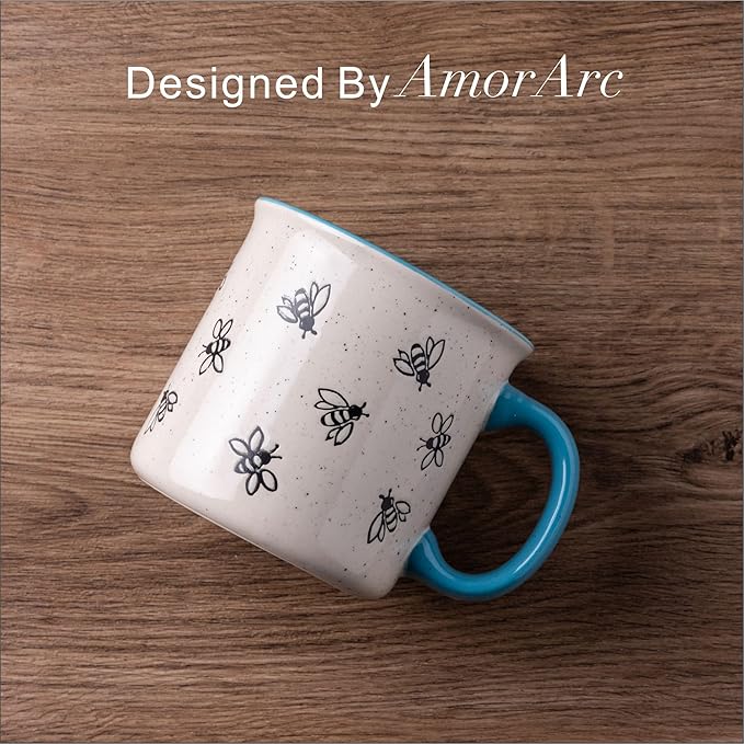 AmorArc 22 OZ Large Ceramic Coffee Mugs, Oversized Soup Cups With Big Handle for Men Women Dad Mom, Big Mug With Textured Bees Patterns for Office & Home -Microwave Safe, 2 Pcs-Blue