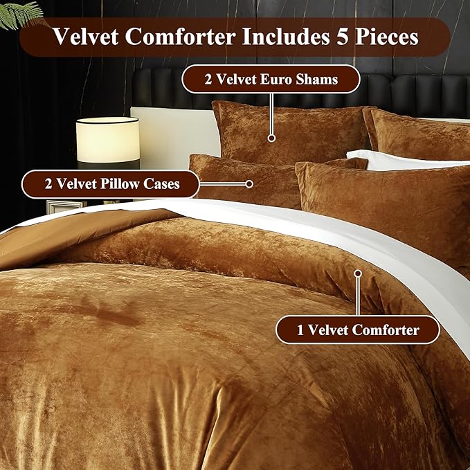Ivellow Luxury Velvet Comforter Set King Size - 5pcs Ultra Soft Breathable Bedding Set with 1 Comforter, 2 Pillow Shams, 2 Euro Shams - Harvest Gold