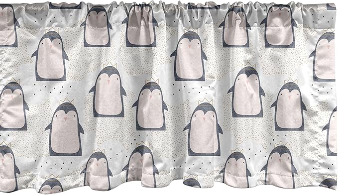 Ambesonne Penguin Window Valance, Pastel Colored Style Cartoon Animals from Antarctica Crowns on a Dotted Background, Curtain Valance for Kitchen Bedroom Decor with Rod Pocket, 54" X 12", Grey Pink