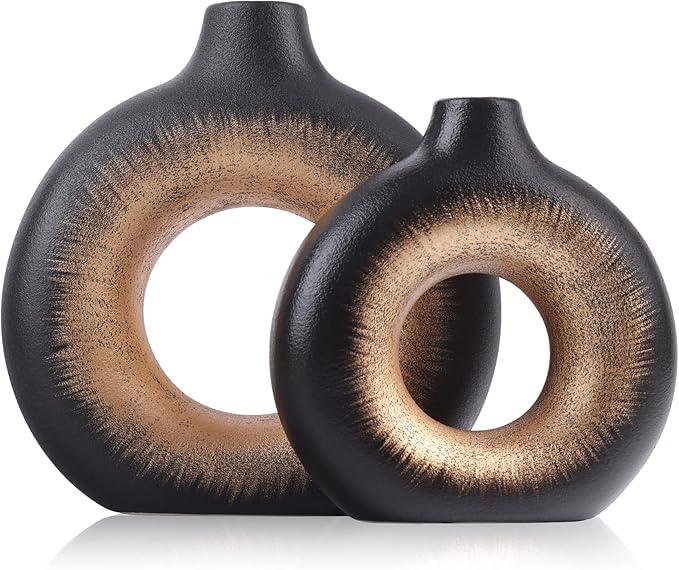 Black Gold Ceramic Vase Set of 2 - Perfect for Home Decor, Living Room, Circle Hollow Donut Vase, Boho Style, Minimalist and Modern Decor - Matte Finish for Flowers, Pampas and More