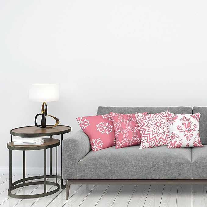 Ambesonne Retro Throw Pillow Cushion Case Pack of 4, Trellis Grid Medieval Floral Damask Mandala Flower Ornament in Modern Monochrome, Modern Accent Double-Sided Digital Printing, 16", Pastel Pink