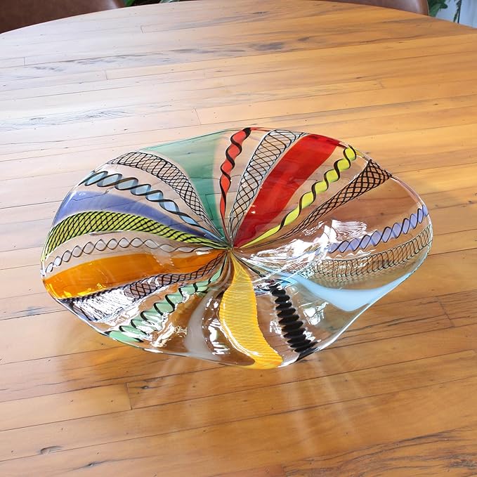 Ca D Oro Centerpiece Large Bowl Boho with Colored Canes Hand Blown Murano-Style Art Glass for Decor and Centerpieces - Center G