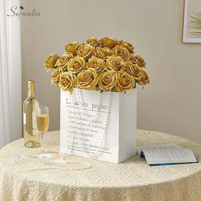 Serwalin 20pcs Artificial Gold Roses, 4'' Big Flower Head, Fake Roses Velvet Real Touch, Silk Roses Long Stems Realistic Bouquet for Wedding Parties Table Centerpiece and Home Decor