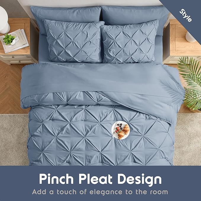 Nestl California King Comforter Set 7 Piece - Pintuck Cal King Comforter Set Stone Blue, California King Bed in a Bag, All Season Bed Set with Flat Sheet and Fitted Sheet, Pillowcases and Shams