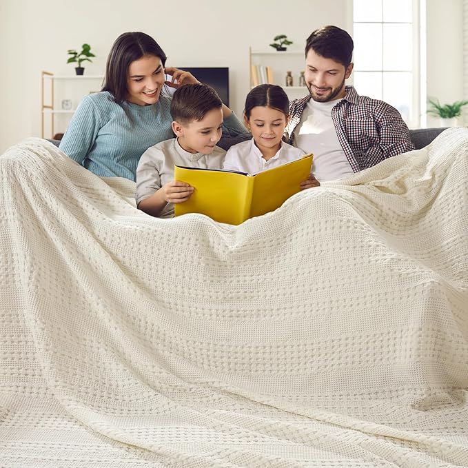 PHF 100% Cotton Waffle Blanket Oversized King 120"x120", Lightweight Breathable Extra Large 10'x10' Blankets for Bed, Giant Big Luxury Aesthetic Woven Bedding for Home Decor, Ivory