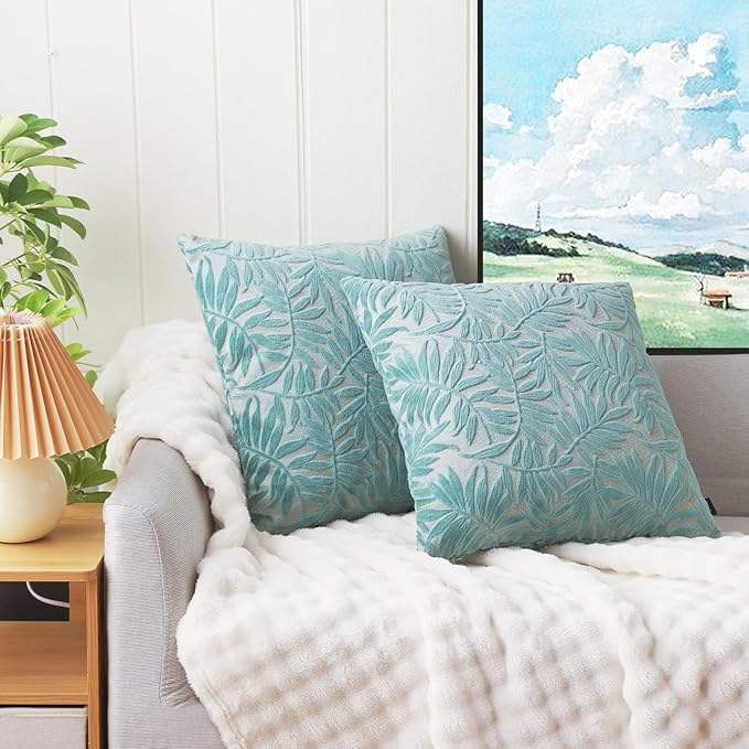 HPUK Leaf Cut Velvet Throw Pillow Covers Pack of 2, 18x18 Inch Accent Cushion Covers for Living Room, Bedroom, Decorative Pillow Covers for Couch, Sofa, Chair, Mint