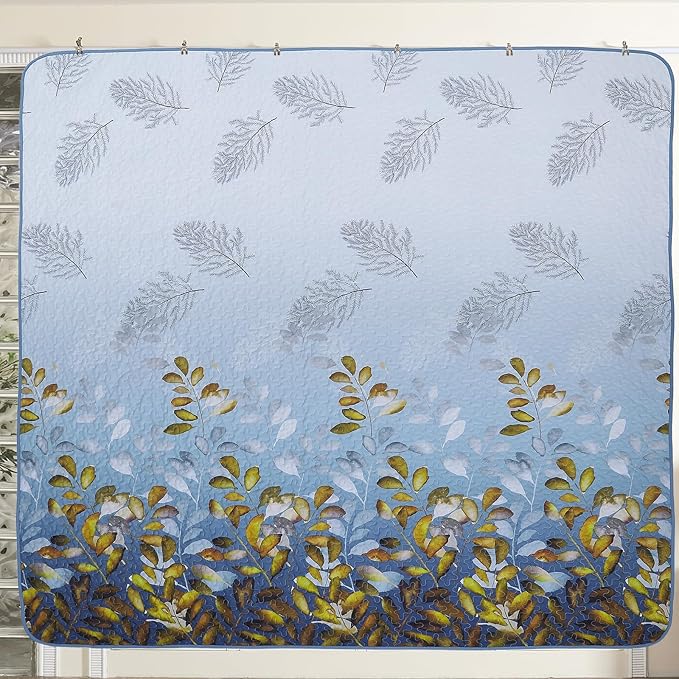 WONGS BEDDING 3 Pieces Quilt Set Queen Size, Blue-Gold Floral Bedspread Coverlet Set, Soft Microfiber Lightweight Floral Bedding Set King 104"×90"