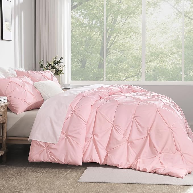 Andency Pink Comforter Set King(104x90Inch), 3 Pieces Soft Lightweight Cute Pinch Pleat Bedding Comforters & Sets, All Season Western Warm Down Alternative Bed Set for Girls Women