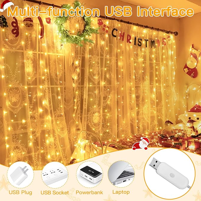 Ollny Curtain Lights 6.6x6.6ft, 200 LED String Lights with Remote 8 Modes Dimmable Timer, USB Power Fairy Light for Bedroom Backdrop Indoor Wall Window Christmas Decorations, Warm White