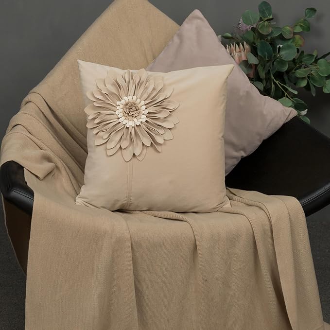 JWH Decorative Flower Throw Pillow Covers 3D Sunflower Pillow Case Velvet Cushion Floral Pillowcase for Bed Living Room Couch Chair Decor 18x18 Inches Camel White
