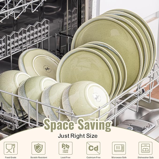 Plates and Bowls Sets, 12 Pieces Grass Green Dinnerware Sets for Kitchen, Reactive Glaze Dishes Set for 4, Dishwasher and Microwave Safe, Series Starflecked Shore (Grass Green)