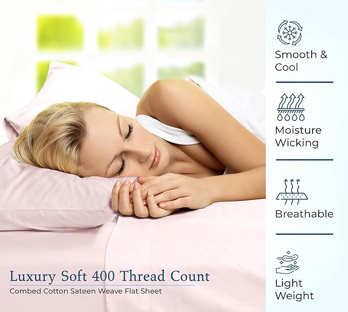 400 Thread Count 100% American Grown Cotton Pink Flat Sheet Only - Cooling Sheets - Luxury Sateen Weave - Full Size Flat Sheet Sold Separately - Super Soft Cotton Top Sheets (Full, Kyoto Blush)