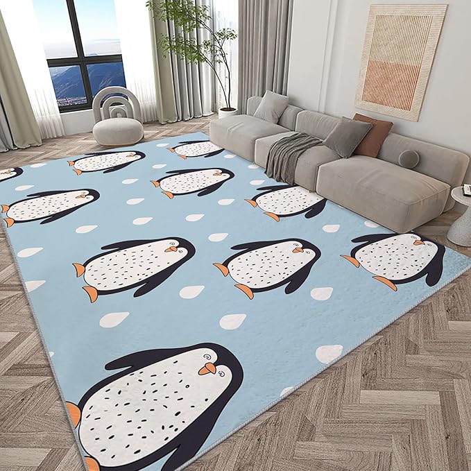 Area Rug for Living Room 4x6 ft Cartoon Penguin Scandinavian Style Machine Washable Non-Slip Rugs, Soft Accent Rugs, Lightweight Carpet, Foldable Easy Care, Stylish Indoor Area Rug