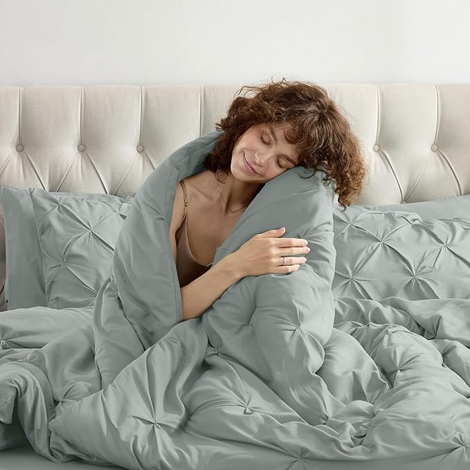 Nestl California King Comforter Set 7 Piece - Pintuck Cal King Comforter Set Sage Green, California King Bed in a Bag, All Season Bed Set with Flat Sheet and Fitted Sheet, Pillowcases and Shams