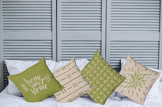 Ambesonne Modern Throw Pillow Cushion Case Pack of 4, Scandinavian Minimal Ornaments Boho Feather Leaves and Home Phrase, Modern Accent Double-Sided Digital Printing, 18", Pale Tan and Pistachio Green