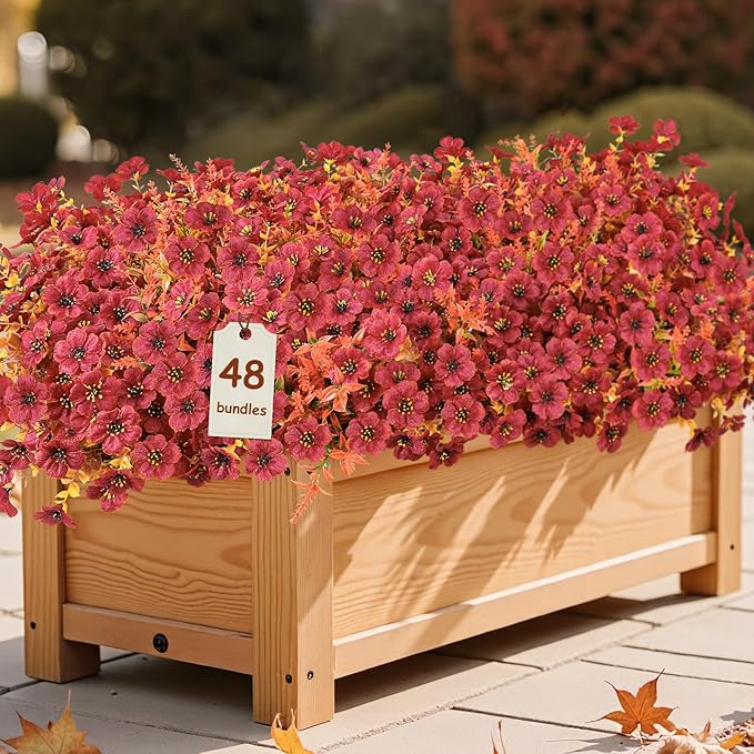 SHareconn 48 Bundles Artificial Fall Flowers for Outdoors Decoration, UV Resistant Silk Eucalyptus Lavender Faux Autumn Fake Plants for Outside Indoor Garden Yard Porch Home Decor, Orange Brown