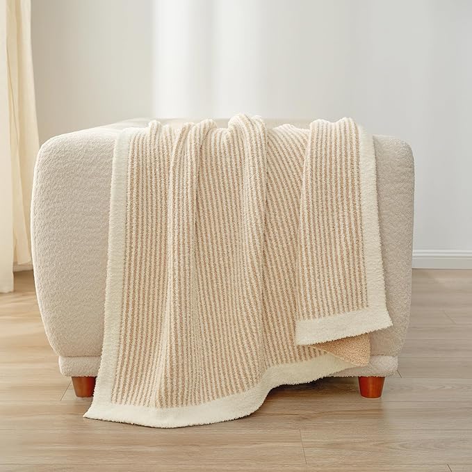 Snuggle Sac Stripe Soft Throw Blanket for Couch, Fuzzy Microfiber Knit Stripe Ribbed Blankets for Couch, Sofa, Travel, Cream Beige, 50x60 inches