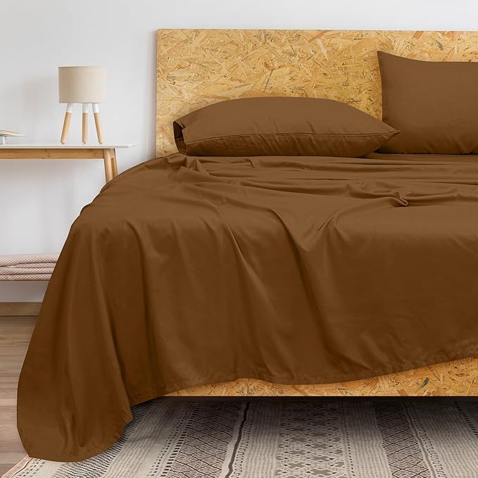 Royale Linens 300 Thread Count 100% Long Staple Combed Cotton Flat Sheet - Super Soft - Top Sheets - Full Flat Sheet Sold Separately - Breathable, Cool & Crisp Percale Sheets Only (Twin XL, Chocolate)