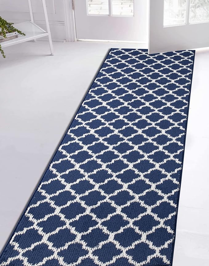 Custom Size Cut to Length Moroccan Trellis Design Runner Rug Mat For Wide Long Hallways with Non-Slip Rubber Backing, Better Traction for Pets, Prevent Slippage, Trellis Navy Blue, 31 inch X 20 feet