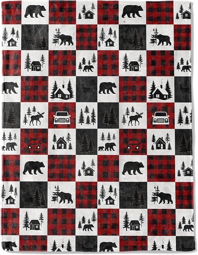 Christmas Decorative Blanket, Bear Deer with Cabin Tree Plaid Truck Print Throw Decoration, Soft Flannel Winter Blankets for Couch Bed Sofa, Holiday Home Decor, Xmas Festival Gifts 50x60 Inch
