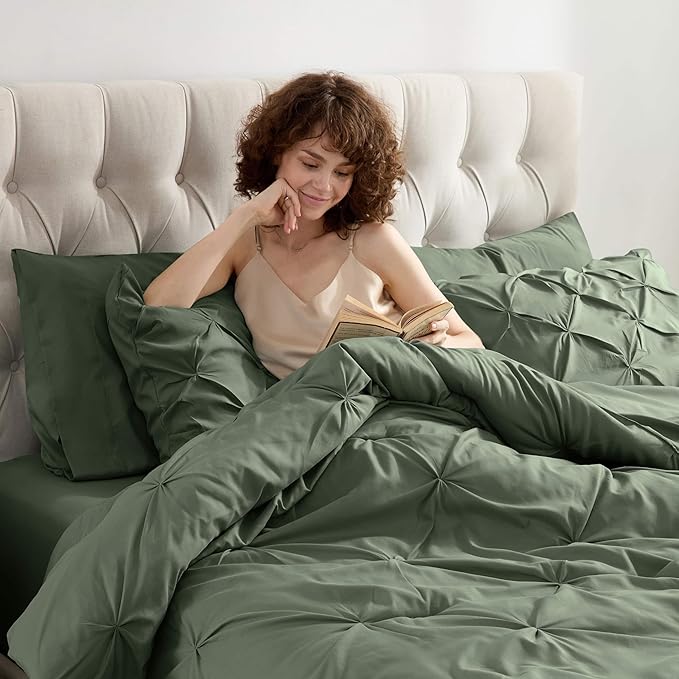 Nestl Pinch Pleated Comforter Set - 7 Piece Olive Green Bed in a Bag, All Season King Bedding Set with Flat Sheet, Fitted Sheet, Pillowcases and Shams