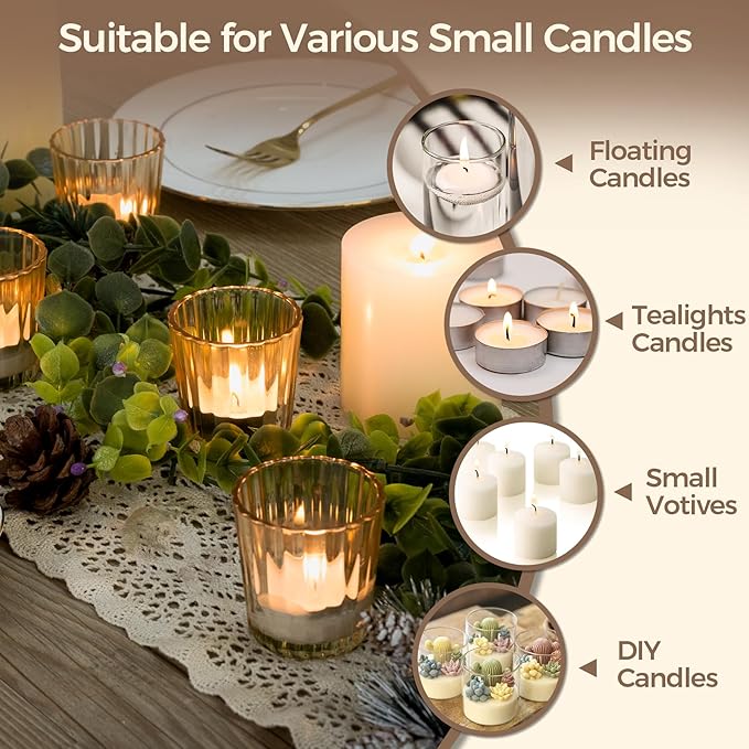 ComSaf Votive Candle Holders, 12 PCS Glass Candle Holders, Ribbed Tealight Candle Holder for Table Centerpieces, Gold Candle Holder for Wedding, Party, Baby Shower, Special Occasions, Fall Home Decor