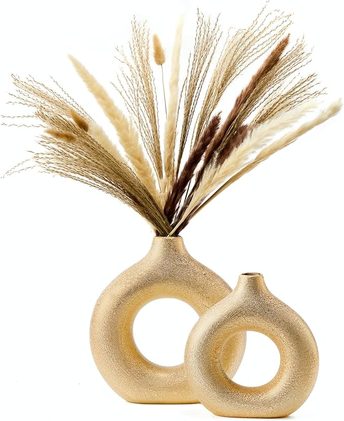 Set of 2 Donut Hollow Ceramic Vase Handmade Minimalist Boho ins Style, Modern Vase for Home Decor for Wedding Dinner Table Party Living Room Office Bedroom (Gold, Extra Large + Large)