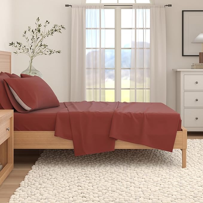 Great Bay Home Flannel Sheet Set Full Size - 100% Turkish Cotton, Double-Brushed, Winter Bed Sheets - Ultra-Soft, Cozy, 4-Piece Bedding Set (Cranberry)