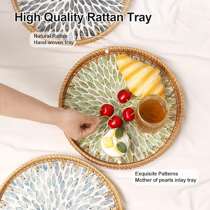 Round Rattan Tray with Mother of Pearl Inlay, Rattan Serving Tray for Coffee, Bread, Fruits, Decorative Wicker Tray for Table Decor, Home Decor, Kitchen Island Decor (Green Leaf, 11.8")