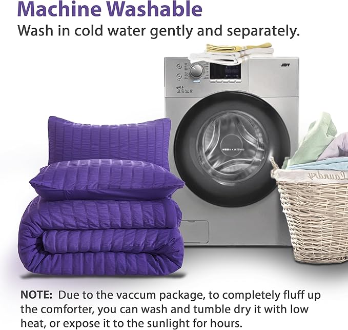 AveLom Dark Purple Seersucker California King Comforter Set (104x96 inches), 3 Pieces-100% Soft Washed Microfiber Lightweight Comforter with 2 Pillowcases, All Season Down Alternative Bedding Set