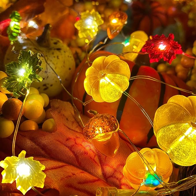 TURNMEON Thanksgiving Decorations 30LED/10Ft 3D Pumpkin Lights Thanksgiving Decor for Home, 3 in 1 Battery Powered Fall Lights Pumpkin Decor, Fall Garland Autumn Indoor Outdoor Halloween Christmas