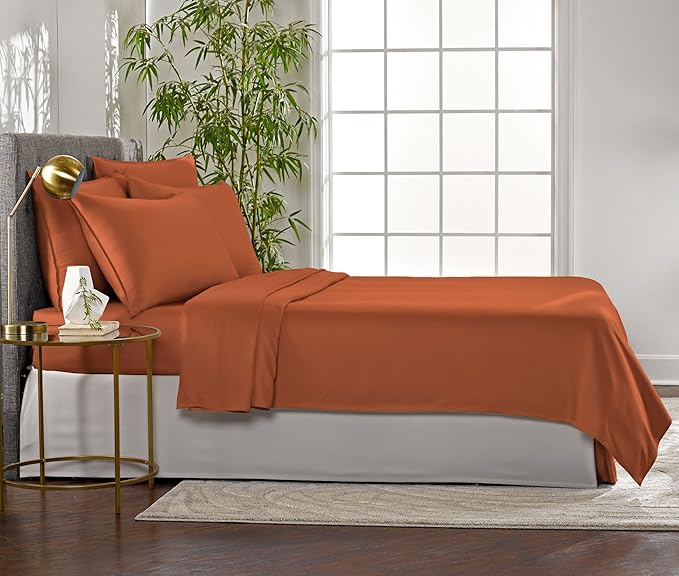 Queen Sheets by Pure Bamboo, Genuine 100% Organic Viscose Derived from Bamboo Bed Sheet Set, Luxuriously Soft & Cooling, Double Stitching, Lifetime Quality Promise (Queen, Terracotta)