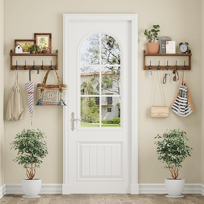 AMBIRD Wall Hooks with Shelf - Wooden Entryway Organizer with 5 Dual Hooks, Retro Wall-Mounted Coat Hook Rack for Bathroom, Living Room, Bedroom (17.12 Inch)