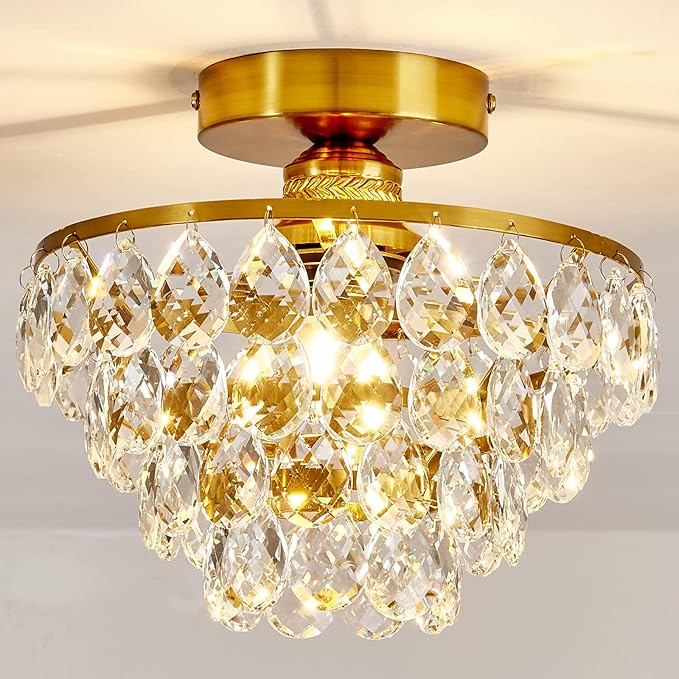 YYJLX Modern E26 Small Crystal Chandelier Semi Flush Mount Ceiling Light Fixture Gold Ceiling Lamp for Hallway Bedroom Bathroom Closet Bedroom Foyer