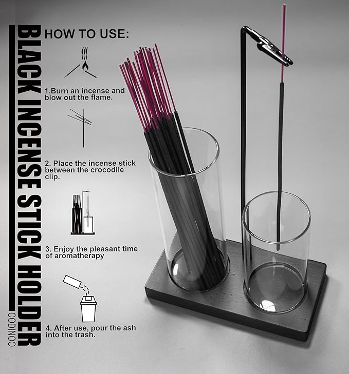 2 in 1 Incense Holder for Sticks Incense Burner Holder with Storage,Glass Upside Down Incense Holder for Sticks with Glass Ash Catcher for Meditation Yoga Spa Room Decor[Black]