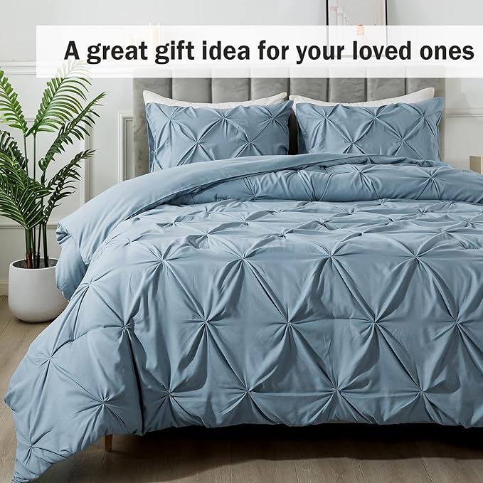 Andency Queen Comforter Set Grayish Blue, 3 Pieces Pinch Pleat Bedding Comforters & Sets, Pintuck Lightweight Fluffy All Season Bed Set for Women Men Girls(90x90Inch)