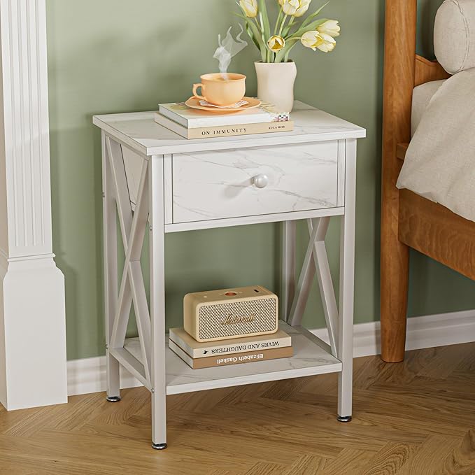 VECELO Nightstands Set of 2, Modern Bedside End Tables, Night Stands with Drawer and Storage Shelf for Living Room Bedroom, Industrial Metal Frame