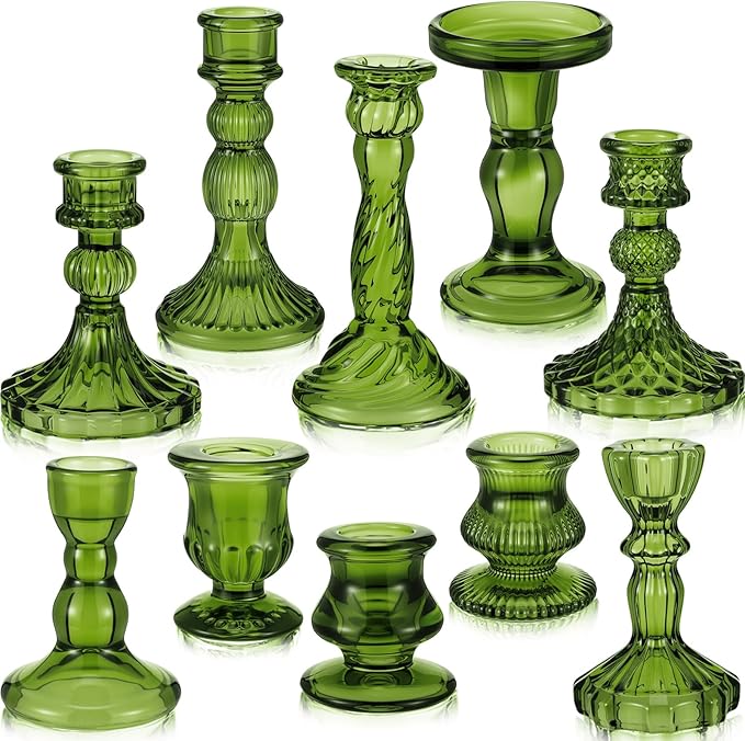 Mumufy 10 Pcs Glass Crystal Taper Candle Holders Clear Glass Candlestick Holder Fit 0.8 Inch Candles Crystal Decorative Candle Stand Centerpiece Table Wedding Dining Party (Classic,Green)